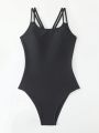 SHEIN Swim Basics Ladies' Round Ring Decorated Hollow Out Back Solid One Piece Swimsuit