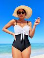 SHEIN Swim Chicsea Women's Color Block One Piece Swimsuit With Bowknot And Ruching Detail On Chest