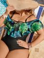 SHEIN Swim Classy Plus Size Tropical Printed Splicing Off Shoulder One Piece Swimsuit