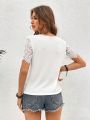 SHEIN VCAY Solid Color Lace Hem Short Sleeve T-Shirt For Vacation