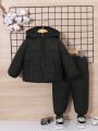 SHEIN Unisex Baby Winter Thick Hooded Coat And Pants Set, Black