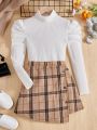 SHEIN Kids Cooltwn Big Girls' Knitted Solid Color High Neck Long Sleeve Top With Plaid Skirt