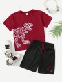 SHEIN Kids EVRYDAY Young Boys' Casual Dinosaur Printed Short Sleeve T-Shirt And Drawstring Waist Shorts, 2pcs/Set