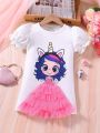SHEIN Kids QTFun Little Girl's Puff Sleeve Unicorn Princess Print Mesh Patchwork Dress