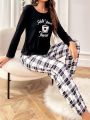 Women's Coffee Printed Long Sleeve T-shirt And Plaid Pants Pajama Set