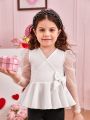 SHEIN Kids CHARMNG Girls' V-Neck Blouse With Mesh Patchwork, Puff Sleeves, And Hem With Ruffles & Bow