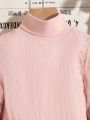 SHEIN Kids QTFun Girls' Fringe Long Sleeve High Neck Knit Elegant Vintage Pink Dress