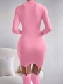 SHEIN Privé Solid Color Stand Collar Bodycon Long Sleeve Dress