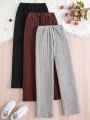 SHEIN Kids SPRTY Big Girls' 3pcs/Set Ribbed Casual College Style Straight-Leg Trousers