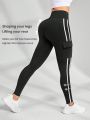 Women's Side Striped Decor & Pocket Design Sports Leggings