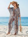 SHEIN Swim BohoFeel Ladies' Floral Printed Mesh Kimono Cardigan