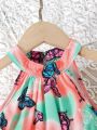 Little Girls' Butterfly Printed Suspender Dress With Belt