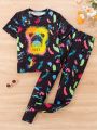 Teenage Girls' Trendy Portrait And Letter Print Short Sleeve T-Shirt And Long Pants Set