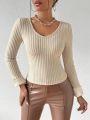 SHEIN SXY Women's Solid Color Ribbed Knit T-Shirt