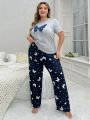 Plus Size Women'S Butterfly Print Short Sleeve Pants Homewear Set