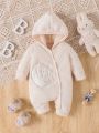 SHEIN Newborn Baby Girls' Moon & Letters Embroidery Hooded Plush Romper