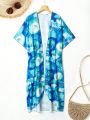 SHEIN Swim Classy Women'S Batwing Sleeve Kimono Cardigan With Tie-Dye Print