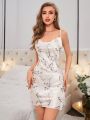 Women's White Floral Print Satin Silk Spaghetti Strap Slit Sleep Dress