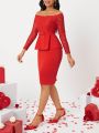 SHEIN Lady Ladies' Solid Color Lace Splice Off Shoulder Top And Skirt Set