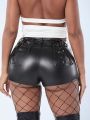 SHEIN SXY Women's Sexy Cutout Faux Leather Cross Strappy Bodycon Mini Shorts