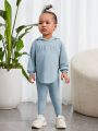 SHEIN Baby Girl Leisure Solid Color Hooded Long Sleeve Top & Skinny Pants Set With Embossed Letters