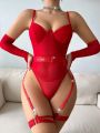 Solid Underwire Garter Teddy Bodysuit With 1pair Oversleeves