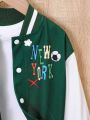 Young Girl Slogan Graphic Bear Decor Striped Trim Varsity Jacket