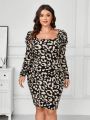 SHEIN Clasi Women's Plus Size Leopard Print Bubble Sleeve Square Neck Dress