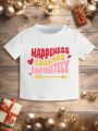 Baby Girls' Casual Short Sleeve Round Neck T-Shirt With Cartoon & Letter Print, Suitable For Summer