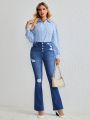 SHEIN LUNE High Stretch Vintage Distressed Women'S Flare Jeans With Washed Effect