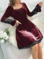 Ladies' Velvet Sleepwear Dress With Lace Splicing