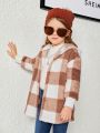 SHEIN Young Girl Buffalo Plaid Pattern Drop Shoulder Hooded Teddy Coat