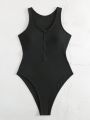 SHEIN DD+ Women's One-Piece Swimsuit With Front Zipper And Hollow Out Design On Back