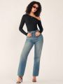 SHEIN BASICS Women'S Long Sleeve Asymmetrical Neckline T-Shirt