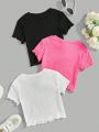 SHEIN Kids EVRYDAY 3pcs/Set Tween Girls' Slim Fit Casual Short Sleeve T-Shirt With Round Neckline And Scalloped Hem