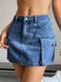 SHEIN EZwear Flap Pocket Denim Skirt