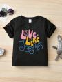 Girls' Cute Playful Letter & Smiling Face Print Casual T-Shirt, Street Fashion Style