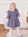 SHEIN Infant Girls' Casual Bunny Head Pattern Plus Velvet Hooded Long Sleeve Dress