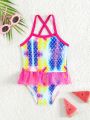 SHEIN Baby Girl's Gradient Fish Scale Pattern Mesh Ruffled One-Piece Swimwear