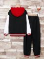 SHEIN Kids HYPEME Boys' Casual Letter Printed Hooded Zip Up Sweatshirt With Color Block Sleeves And Solid Color Trousers Knit 2-piece Set