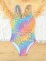 Tween Girl 3d Artistic Effect Printed One-Piece Swimsuit