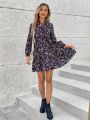 SHEIN LUNE Tie-Neckline Floral Print Lantern Sleeve Dress