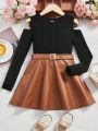 SHEIN Kids SUNSHNE Tween Girl Cold Shoulder Tee & PU Leather Skirt