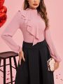 SHEIN Clasi Women  Valentine's Day  Stand Collar Lace Decorated Lantern Sleeve Pink Shirt