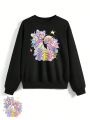 Po illustration Round Neck Regular Women'S Letter & Cartoon Character Print Sweatshirt