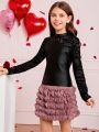 SHEIN Kids FANZEY Girls' Knitted Skin-Friendly Net Yarn Splicing Pu Leather Slim Fit T-Shirt