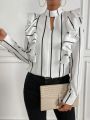 SHEIN Privé Women's Striped Shirt With Lace Collar