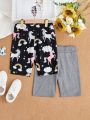 SHEIN Kids EVRYDAY Tween Girls Rainbow Unicorn Print Knitted Leggings Two Pieces Set