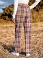 SHEIN LUNE Elastic Waist Plaid Pants With Diagonal Pockets