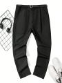 SHEIN Teenage Boys' Casual Loose Fit Solid Color Flat Front Zipper Fly Woven Trousers With Belt